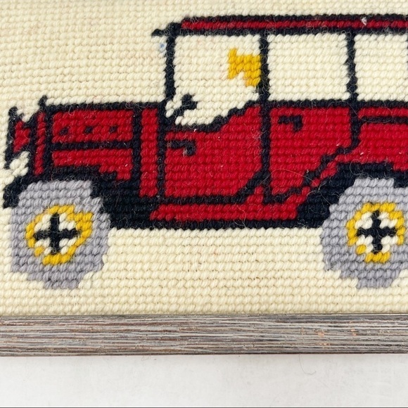 Finished Framed Needlepoint Crewel Old Fashioned Car Model T Red Ivory - Picture 2 of 7